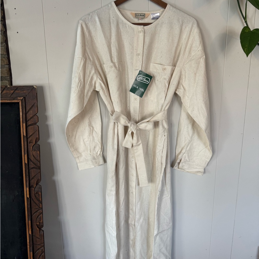 VINTAGE L.L. Bean Cream RAW SILK NOIL Long Sleeve Dress